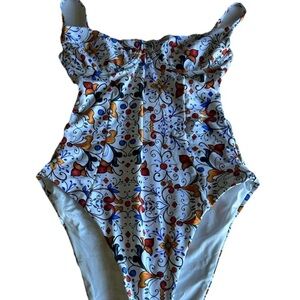 Onia Floral Print One-Piece Swimsuit in White with Red, Blue & Gold Accents